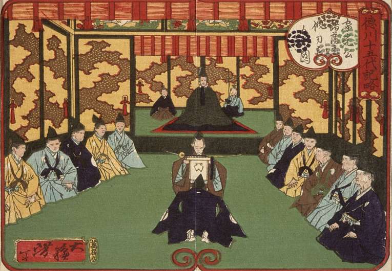 Terceiro shogun Tokugawa Iemitsu, governante do Japão entre 1623 a 1651 recebe diversos daimyōs em uma audiência