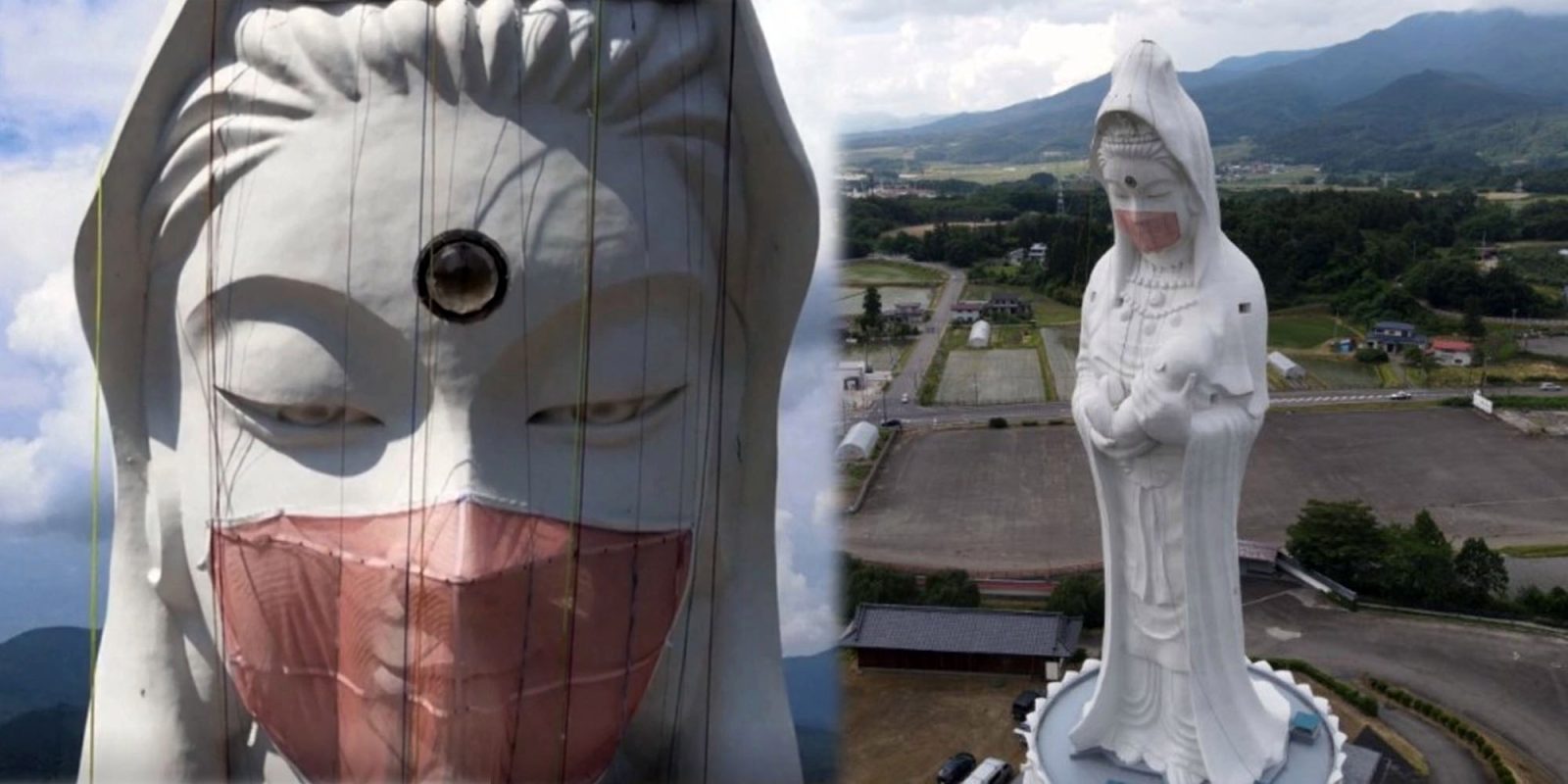 Templo Houkokuji Aizu Betsuin coloca máscara na estátua da deusa Kannon