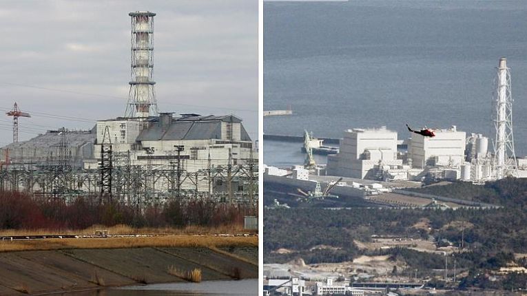 Acidentes nucleares de Chernobyl (esquerda) e Fukushima (direita)