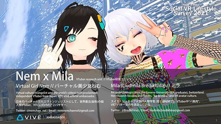 Avatares das pesquisadoras Nem e Mila nas plataformas de realidade virtual e metaverso