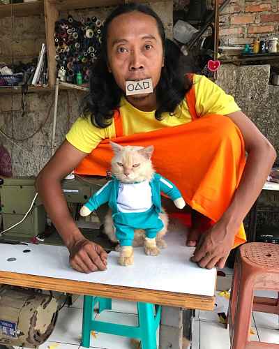 Fredi Lugina e seu gato vestem roupas inspiradas na série Round 6