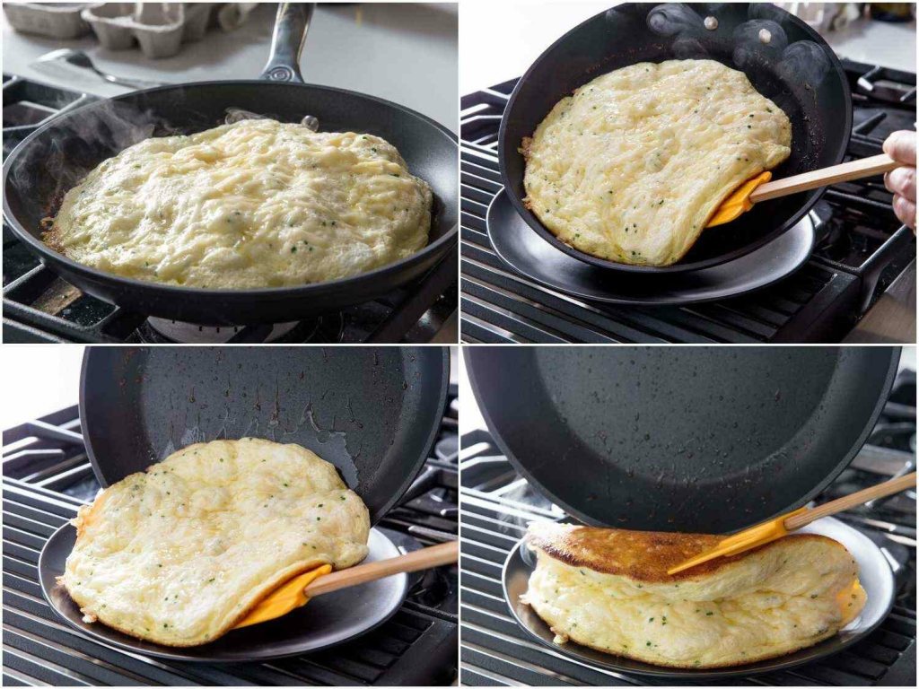 Massa do omelete suflê nuvem na frigideira