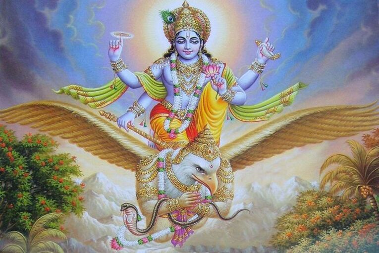 Karura servindo como veículo para Lorde Vishnu, o Sustentador. Repare uma serpente naja em suas mãos, os Ryū (Naga) se assemelham a serpentes najas
