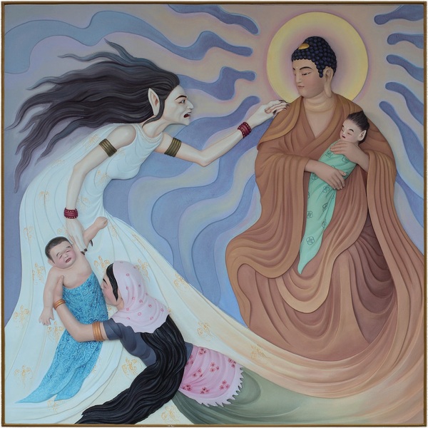 Ilustração do trecho de Sutra do Lótus em que Buddha oculta o caçula e predileto de Hārītī, a mãe dos demônios que alimentavam seus filhos com crianças que sequestrava, o que levou Hārītī ao desespero e ao despertar de consciência de seus atos