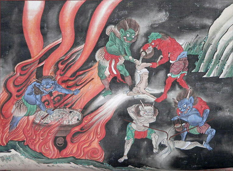 Nesta ilustração é possível ver o castigo aplicado aos pedófilos no Shogou Jigoku e o castigo destinado aos beberrões do nível abaixo, o Kyoukan Jigoku 