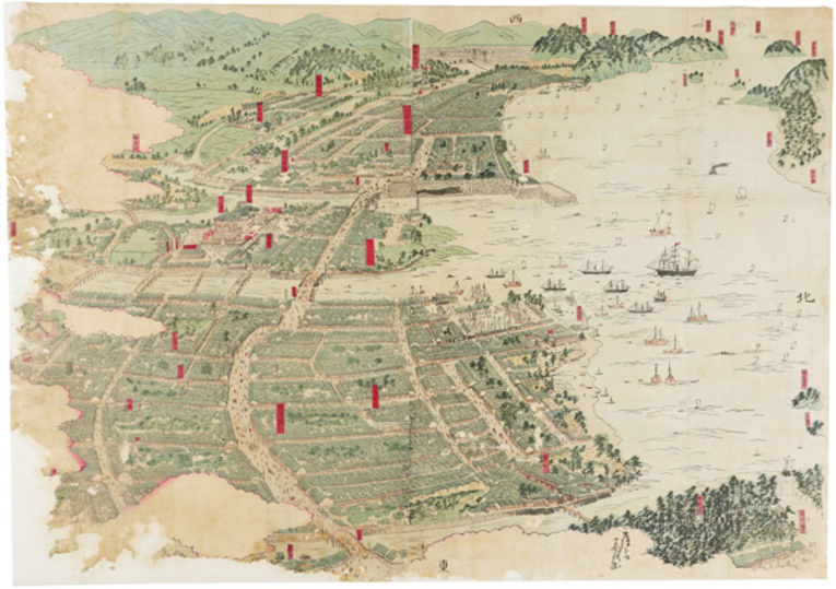 Mapa do distrito de Hakata na cidade de Fukuoka, sede do poder do clã Kuroda