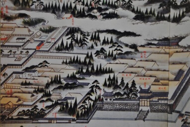 Ilustração do antigo castelo de Kagoshima, também conhecido como castelo de Tsurumaru