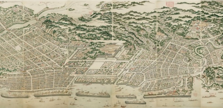 Mapa da sede do poder do clã Shimazu no domínio de Satsuma, Kagoshima