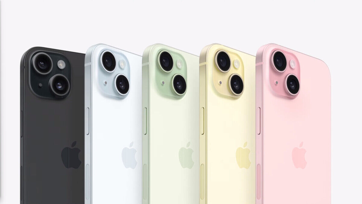 Cores do iPhone 15 preto, azul, verde, amarelo e pink