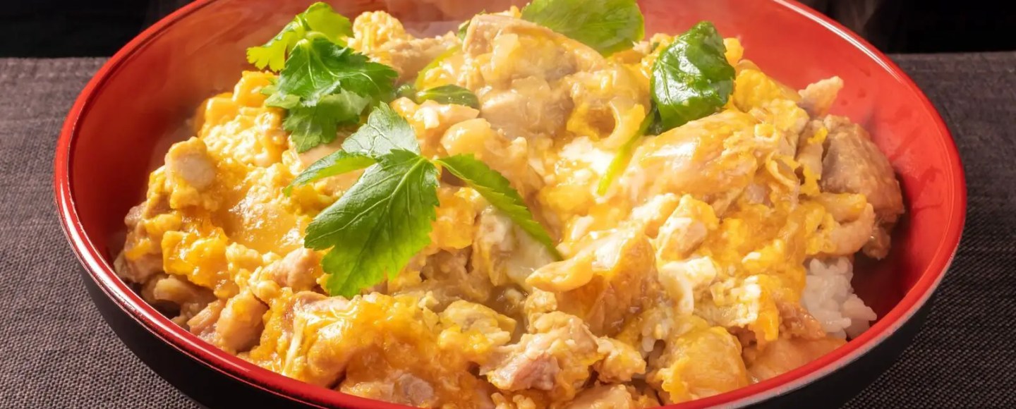 Receita japonesa do oyakodon, tigela de ovo com frango e cebola