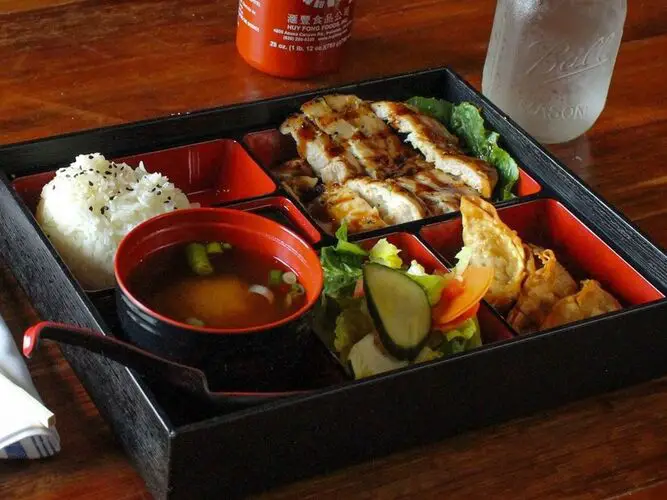 Gyoza com arroz, sopa e salada