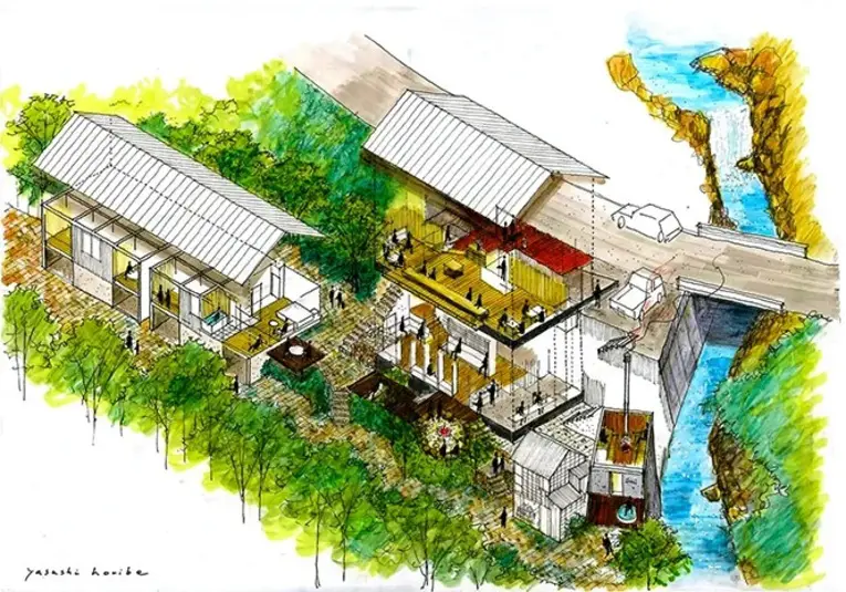 Conceito artístico do projeto desenvolvido pela Satoyume Co para a hospesdaria com restaurante e sauna próximo a Hatonosu Station