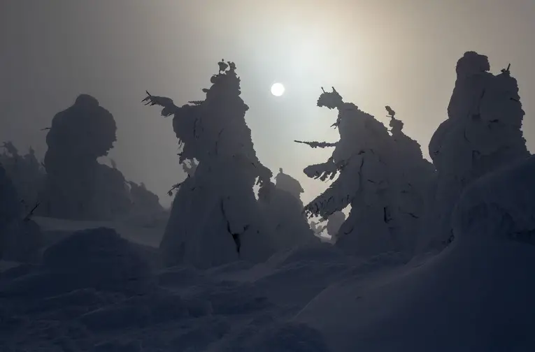 Árvores cobertas de gelo com aparência de monstros no Zao Juhyo Festival. As altas temperaturas no Japão estão causando transtornos aos festivais e eventos de inverno