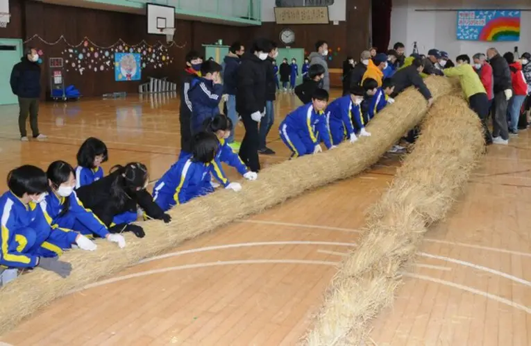 130 pais e estudantes do 5º ano da Higashine Elementary School fizeram a corda "yokozune" de palha com 300kg, 20 metros de comprimento e 1,5 metros de diâmetro