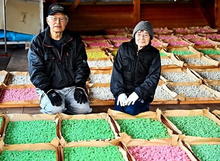 Funio Shirayama e Fusako Shirayama, proprietários da fábrica de biscoitos de arroz Noto Shika Arare