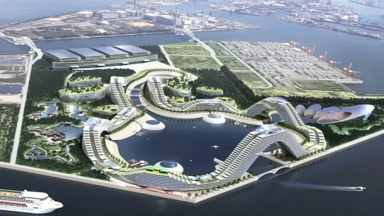 Conceito artístico da ilha artificial que deverá abrigar resort integrado com cassino na cidade de Osaka