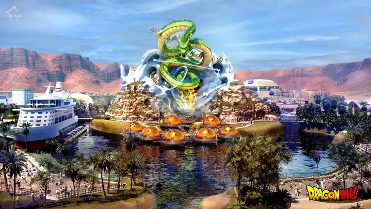 Conceito artístico do primeiro parque temático da série de mangá e anime Dragon Ball será feito na cidade de Qiddiya, Arábia Saudita