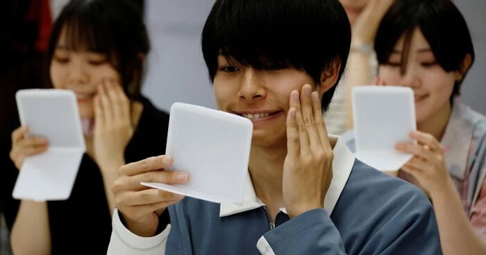 Alunos de curso de sorriso no Japão aprendem a usar expressões faciais usando um espelho