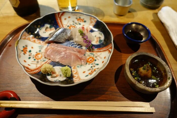 Prato de sashimi do Tempura Matsu em Kyoto