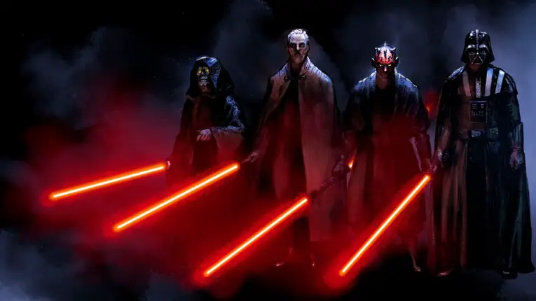 Da esquerda para a direita: Darth Sidious, Lord Tyrannus, Darth Maul e Darth Vader, os principais lordes Siths do universo Star Wars criado por George Lucas