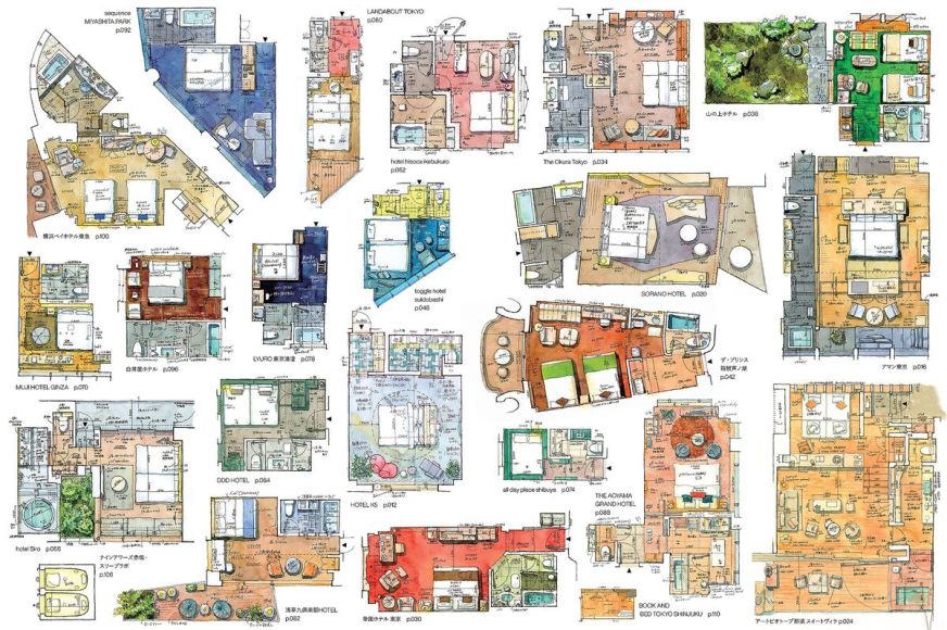 Layouts em sketches de hoteis de Kei Endo são incríveis