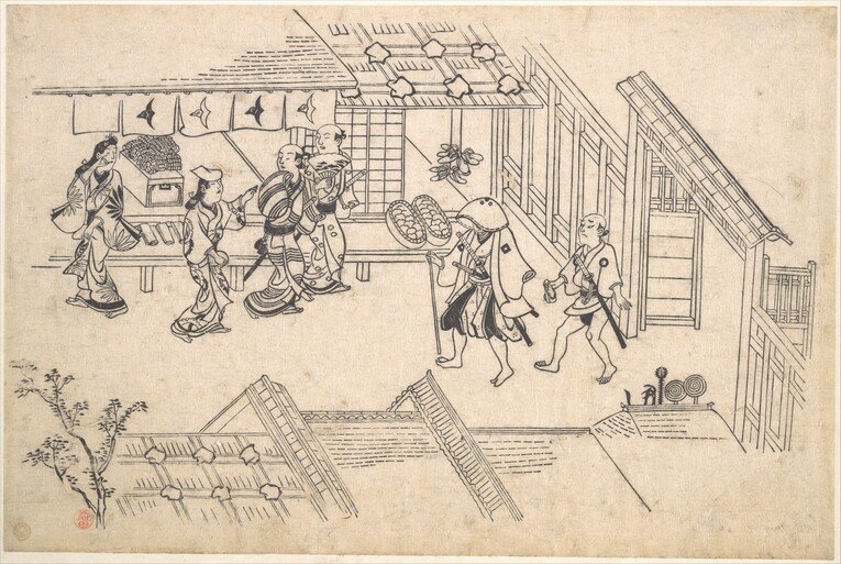 Obra ukiyo-e de Hishikawa Moronobu (菱川 師宣) produzida em meados de 1684 intitulada "よしわらの躰　揚屋町入り口" (Entrada da Ageya-machi) da coleção Vistas de Yoshiwara. Tanto antes de 1750 quanto depois, pretendentes a um encontro com uma cortesã de alto nível Tayū sempre precisavam da recomendação de uma Ageya e apresentações antes de um encontro íntimo
