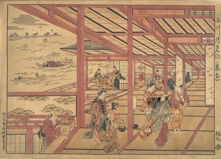 Obra ukiyo-e de Nishimura Shigenaga (西村 重長) intitulada Observação da Lua em Shinagawa. Embora o agedai das cortesãs Chūsan fossem o mesmo das Yobidashi Chūsan, os procedimentos para contratar o serviço das Chūsan era relativamente mais simples