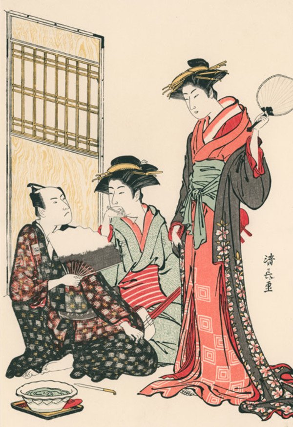 Obra ukiyo-e de Torii Kyonaga (鳥居 清長) intitulada "Ichikawa Yaozo e as duas beldades" (市川八百蔵と二美人). Além de um quarto particular, cortesãs Zashikimochi tinham uma assistente para ajuda-las em suas tarefas cotidianas
