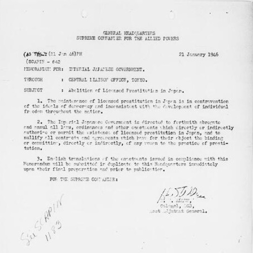 Documento oficial SCAPIN 642: Abolição de Licença para Prostituição no Japão (一七六　日本の公娼廢止に關する覺書) assinado pelo Comando Supremo das Forças Aliadas no Japão