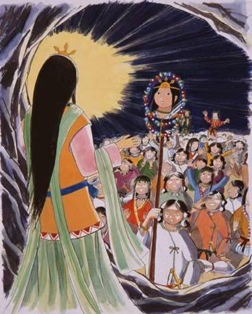 Curiosa, Amaterasu saiu da Caverna Celestial para ver quem era essa deidade mais poderosa e nobre que ela. Amaterasu então se vê no espelho e achou que o reflexo era a kami descrita por Ame no Uzume. Ao se dar conta de que o reflexo era dela, Amaterasu ficou surpresa com a quantidade de deuses que estavam presentes