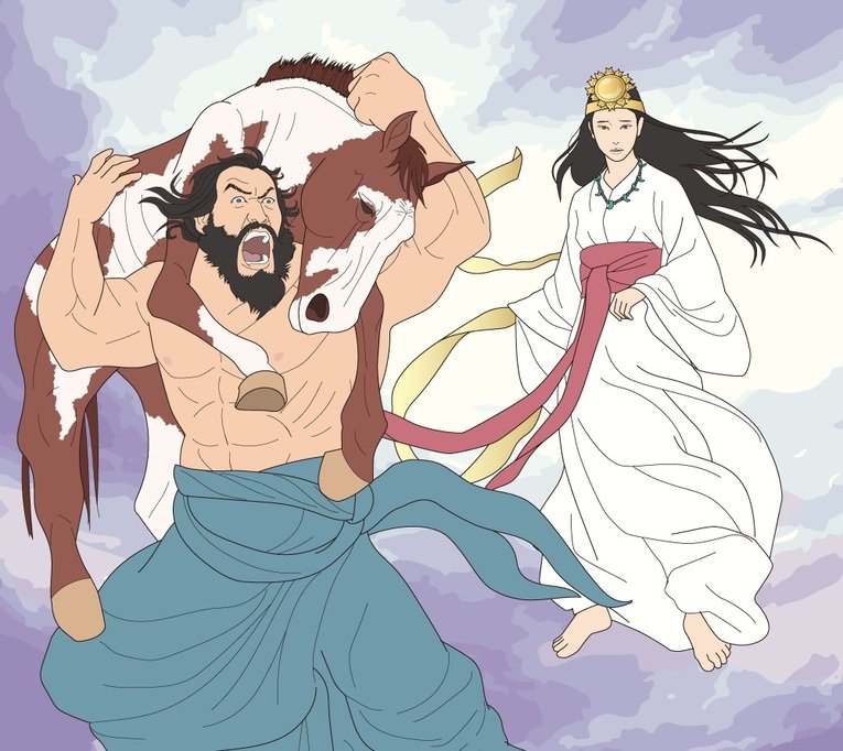 Em um de seus atos disruptivos, Susanoo esfolou Ame no Fuchikoma, o Cavalo Malhado Celestial e o arremessou no telhado da sala de tecelagem da Planície do Alto Céu