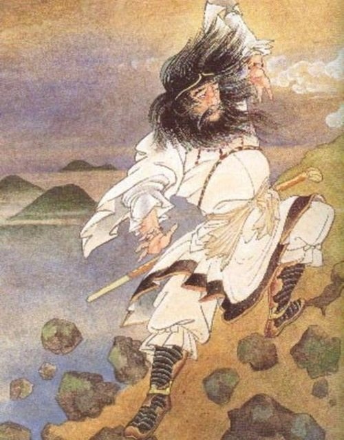 Susanoo no Mikoto, irmão caçula de Amaterasu, deidade dos mares e tempestades, um kami irascível e caótico