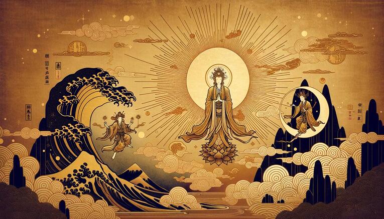 Susanoo (esquerda), Amaterasu (centro) e Tsukuyomi (direita), as deidades que surgem a partir de Izanagi (algumas versões afirmam que são kamis criados de Izanagi e Izanami) e as mais importantes do panteão shintō