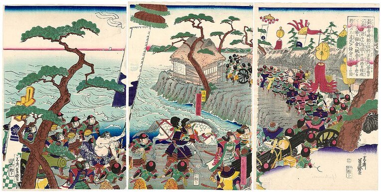 Nishiki-e de 1863 por Utagawa Yoshimori. A gravura representa a convocação dos guerreiros vassalos do regente Hōjō Tokiyori com objetivo de confirmar a promessa de Tsuneyo e recompensa-lo por sua hospitalidade e sacrifício de seus amados Bonsais