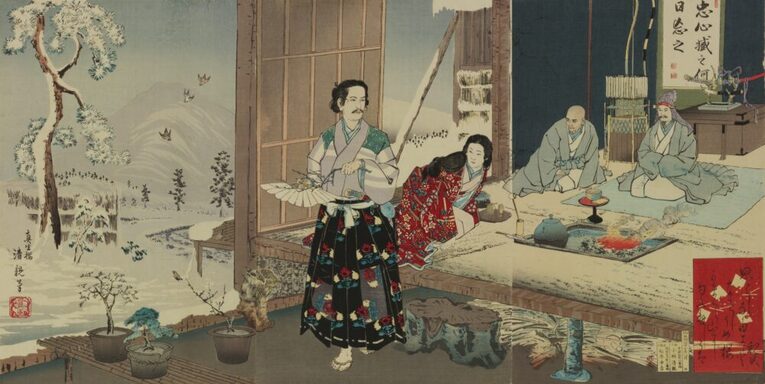 Ukiyo-e de 1884 por Kobayashi Kyochika. A gravura representa a icônica passagem da história onde Hōjō Tokiyori disfarçado de monge itinerante está sentado no tatame de seu vassalo, Tsuneyo, enquanto seu anfitrião vai buscar seus amados Bonsais para tranforma-los em lenha e aquecer seu hóspede