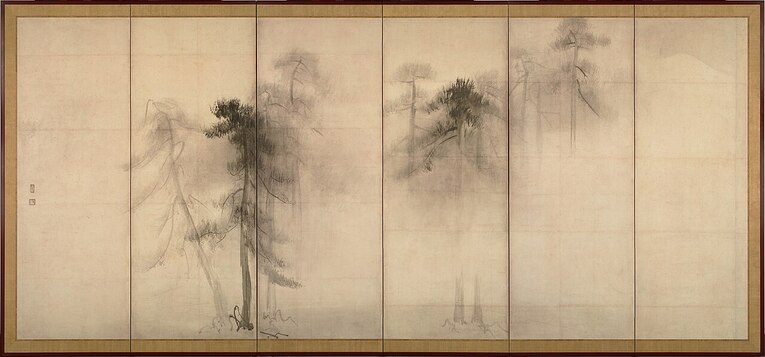 Shōrin-zu Byōbu ("松林図 屏風",  Tela de Pinheiros), uma obra classificada como Tesouro Nacional do Japão de Hasegawa Tōhaku (1539 - 1610), fundador da escola Hasegawa. A tela é profundamente inspirada no conceito Ma com ocultação por uma neblina não, espaço entre os pinheiros e espaço para o observador criar com a mente