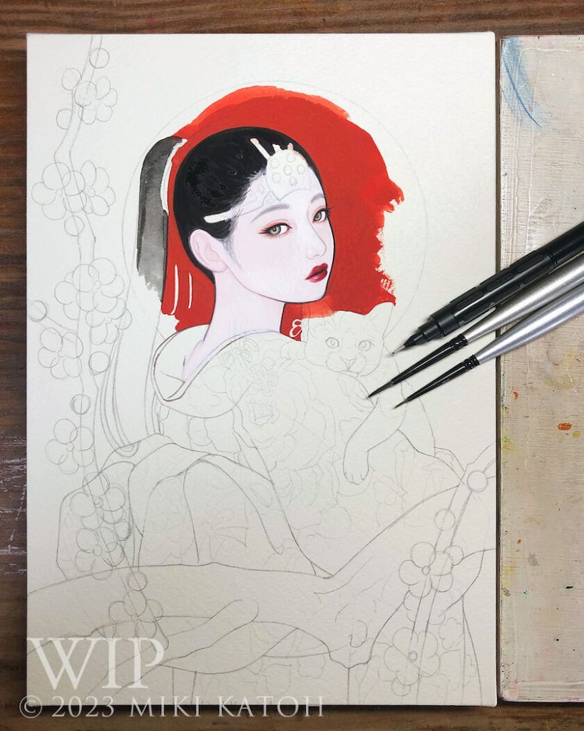 Processo de criação da artista Miki Katoh envolve desenho em lapis e pintura em guache