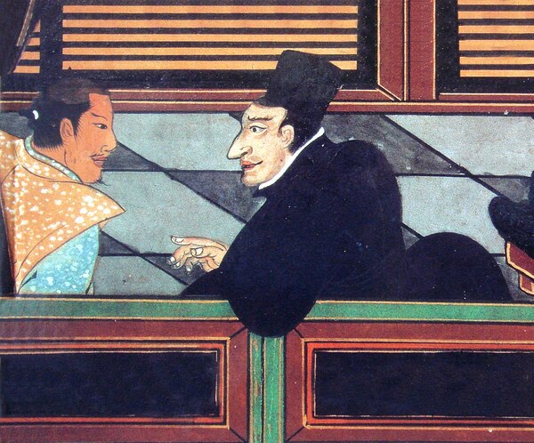 Ilustração do padre Luís Fróis conversando com um nobre japonês