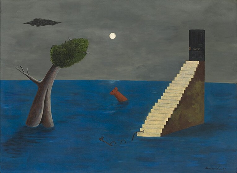 The Red Rook, obra de 1948 de Gertrude Abercrombie. O movimento artístico surrealista  surgiu tendo como pedra angular a ambição de retratar os sonhos que acontecem na hora do tigre
