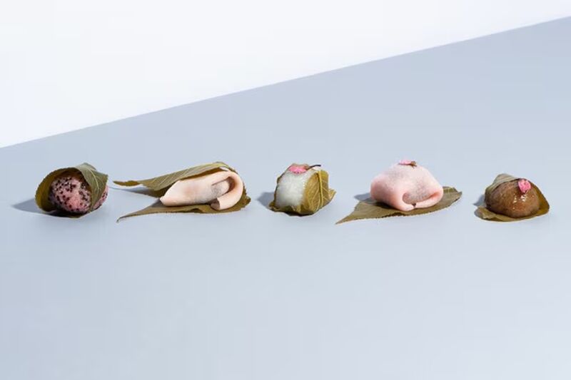 Existem várias formas de apresentação do doce do mochi da primavera de sakura
