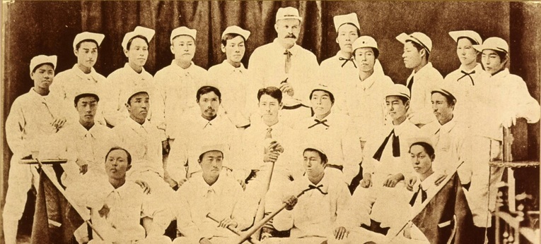 Fotografia do time de baseball Shimbashi Athletic Club de 1878