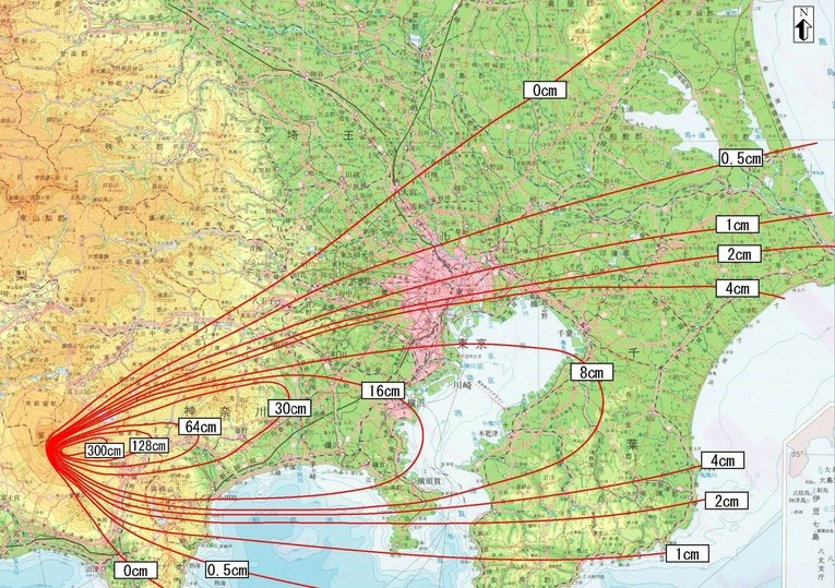 Região atingida pelas cinzas e detritos da erução do Monte Fuji em 1707