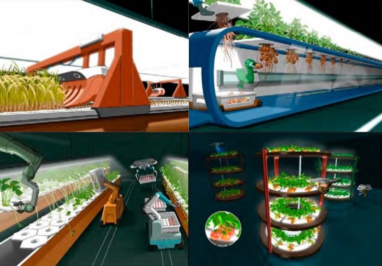 Esboços da produção de alimentos nas futuras fazendas lunares japonesas em 2040