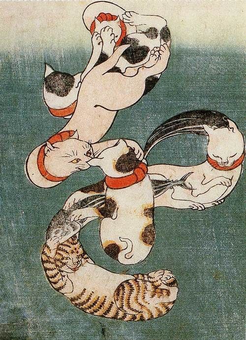 Kuniyoshi brincava com letras do alfabeto com gatos em suas obras em ukiyo-e