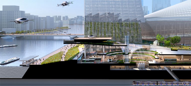 Conceito de hub de transporte no complexo cultural Tsukiji