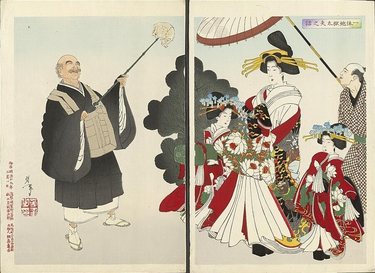 Ukiyo-e de Tsukioka Yoshitoshi representando o monge Ikkyū e a cortesã Jigoku Tayū