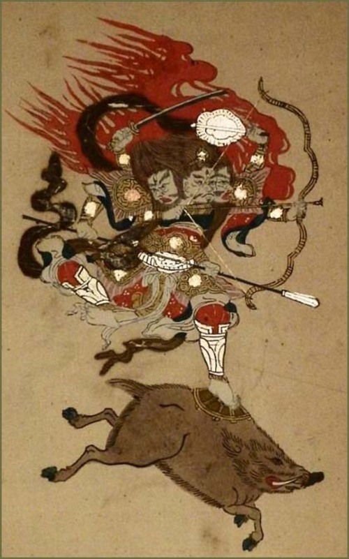 Marishiten (摩利支天), bodhisattva associado a luminosidade, ao Sol, e também a classe guerreira