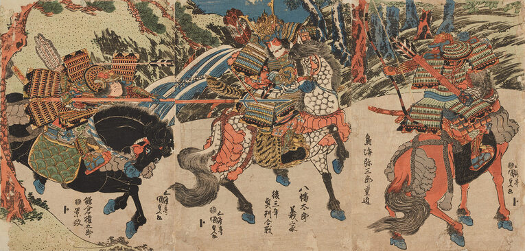 Cena da Guerra Gosannen, ou Guerra dos Últimos Três Anos de Utagawa Kunisada retratando uma das cenas mais famosas da guerra. À esquerda está Kamakura Kagemasa, que correu em auxílio de Minamoto no Yoshiie, retratado no centro do tríptico, enquanto à direita está Toriumi Yasaburo, um vassalo do clã Kiyohara