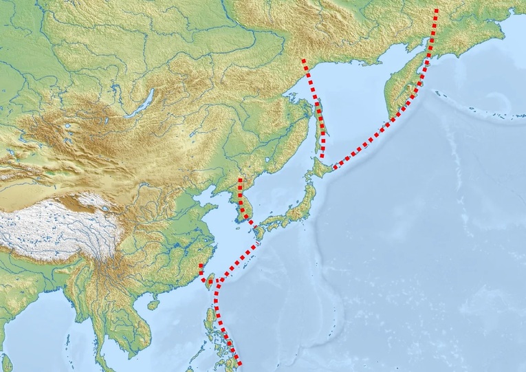 Possíveis rotas de migração para o Japão quando o arquipélago ainda tinha conexão por terra com o continente eurasiático