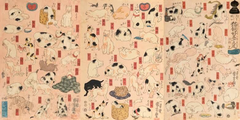 Paradas de Tokugawa mostra gatos representando pontos de parada que tinham na viagem entre Tóquio e Kyoto com bom humor e reverência